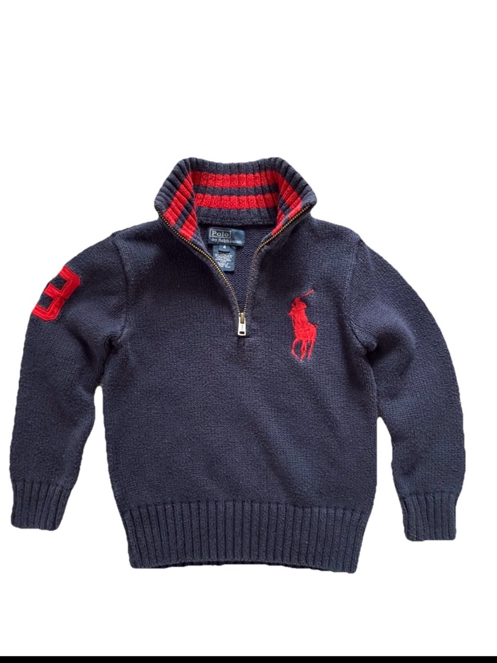 Polo Ralph Lauren Boys Size 4 Navy Blue Quarter Zip Sweater Red Big Pony Knit